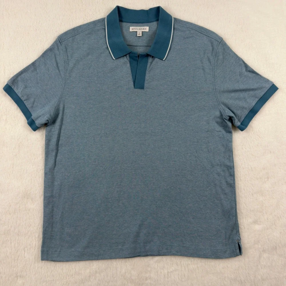 Banana Republic Mens L Blue Heathered Cotton Johnny Collar Polo Shirt Short Slv